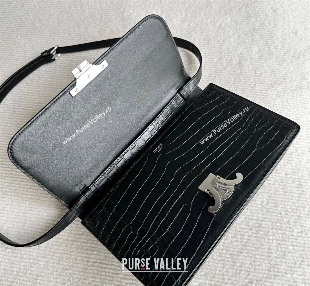 Celine Triomphe Folio Medium Bag in Crocodile Embossed Leather Black/Silver 2026 102382 (BL-260411064)