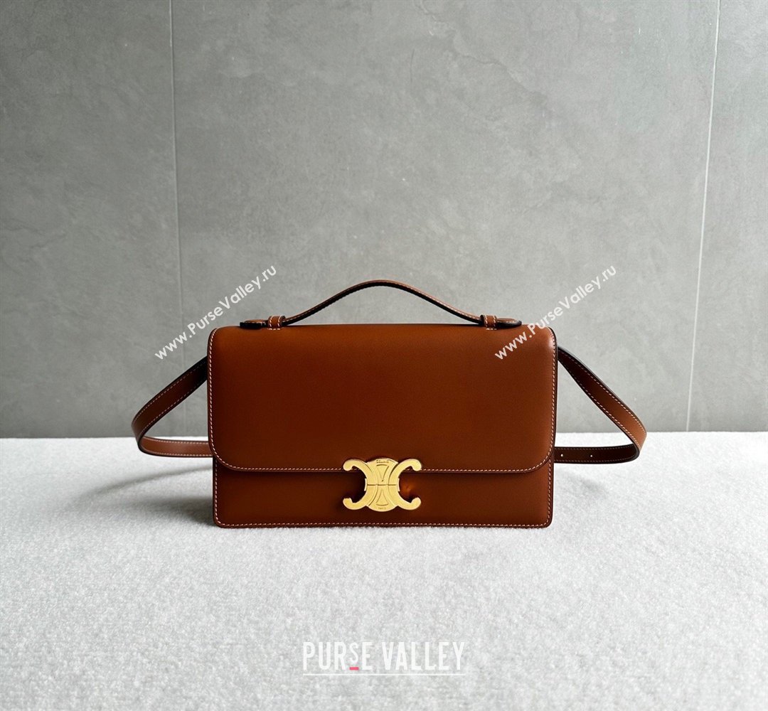 Celine Triomphe Folio Medium Bag in Calfskin Leather Tan Brown 2026 102382 (BL-260411065)