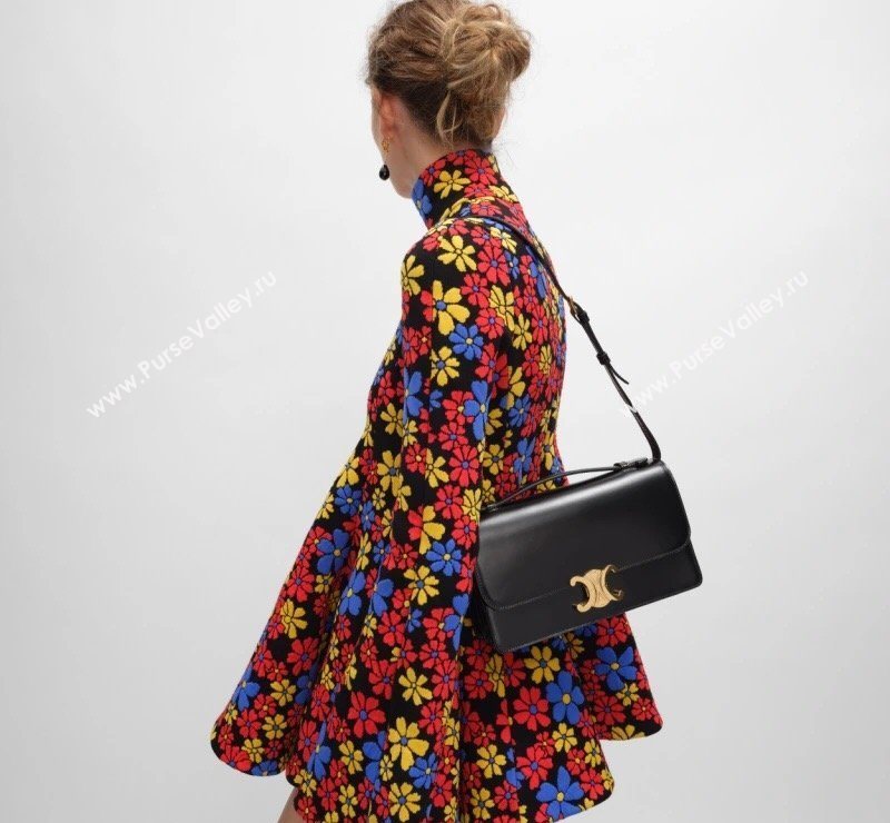 Celine Triomphe Folio Medium Bag in Calfskin Leather Black 2026 102382 (BL-260411066)