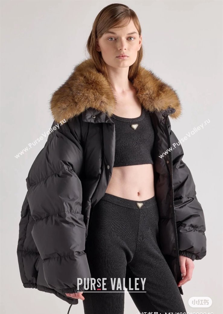 Prada Nylon Down Jacket with Fur Collar Black 2024 (For Women and Men) (QI-241219009)