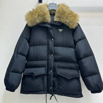 Prada Nylon Down Jacket with Fur Collar Black 2024 (For Women and Men) (QI-241219009)