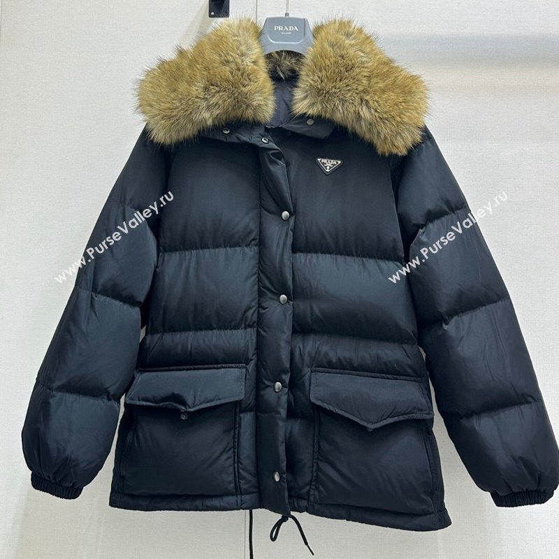 Prada Nylon Down Jacket with Fur Collar Black 2024 (For Women and Men) (QI-241219009)