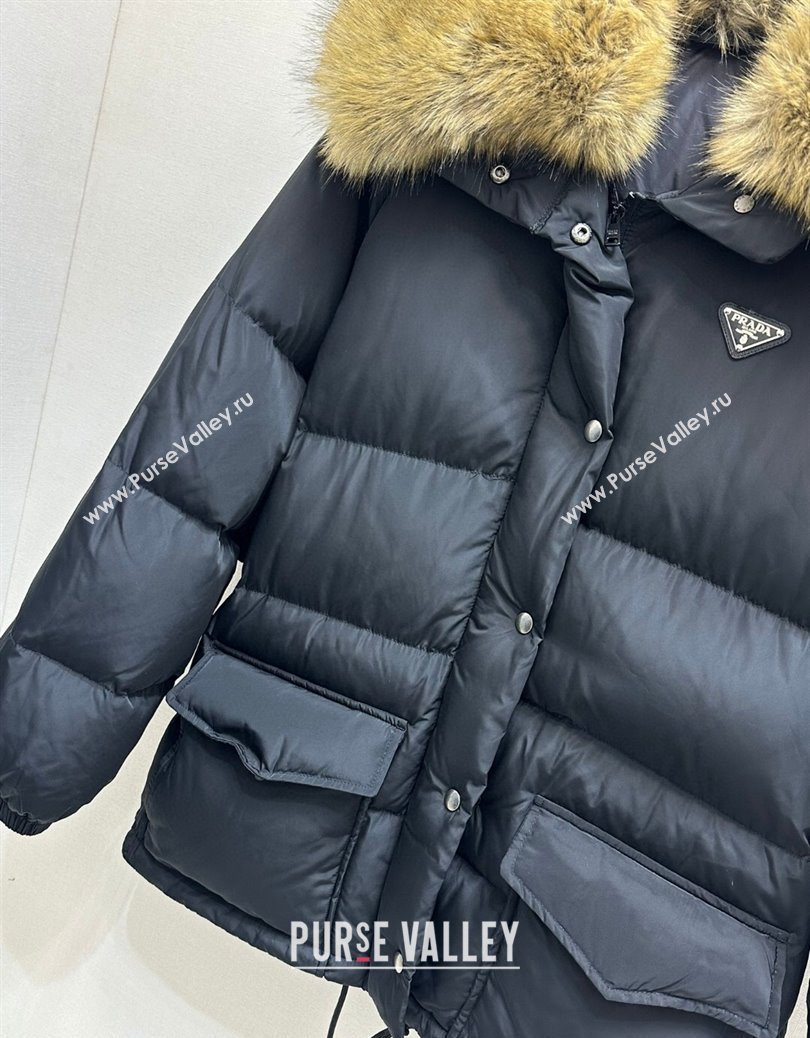 Prada Nylon Down Jacket with Fur Collar Black 2024 (For Women and Men) (QI-241219009)