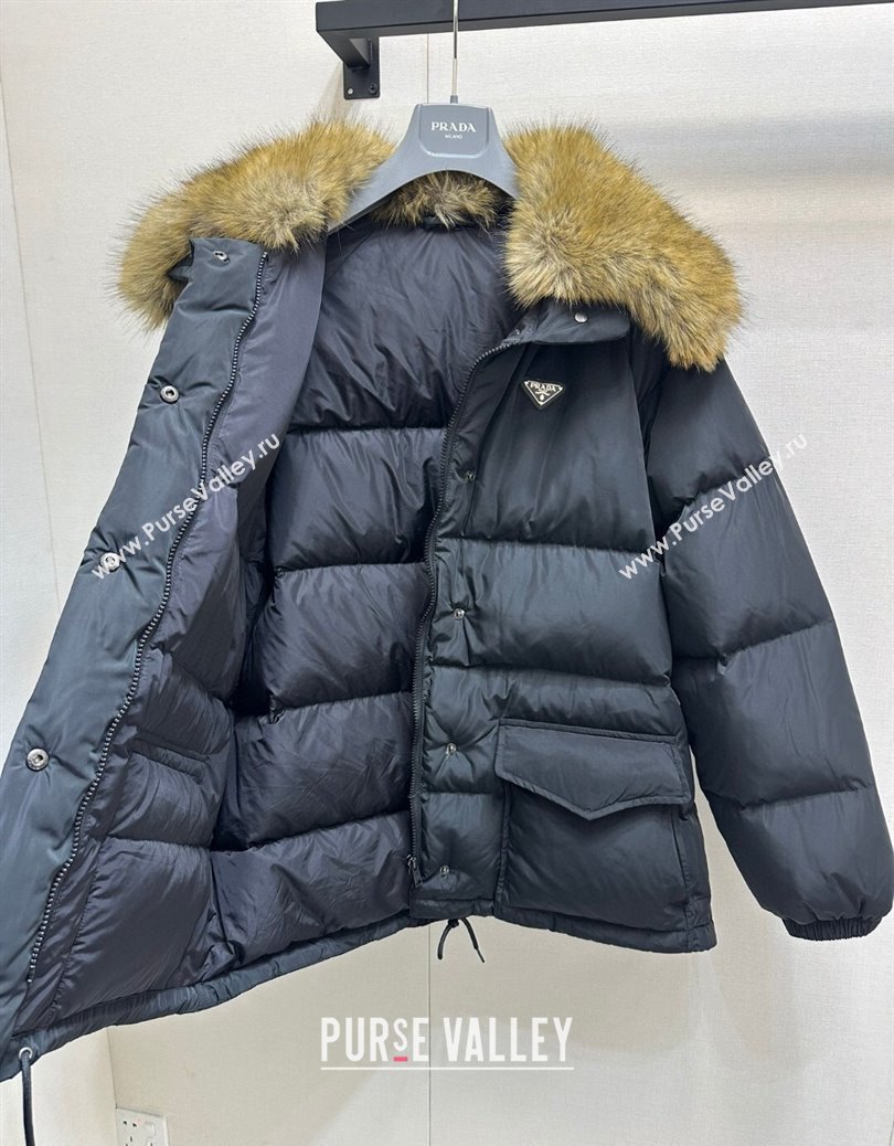 Prada Nylon Down Jacket with Fur Collar Black 2024 (For Women and Men) (QI-241219009)