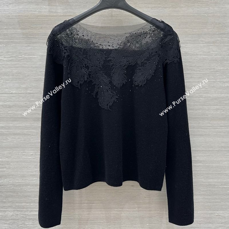 Ermanno Scervino Cashmere and Mesh Top with Strass and Embroidery Black 2025 1014 (QI-251014104)