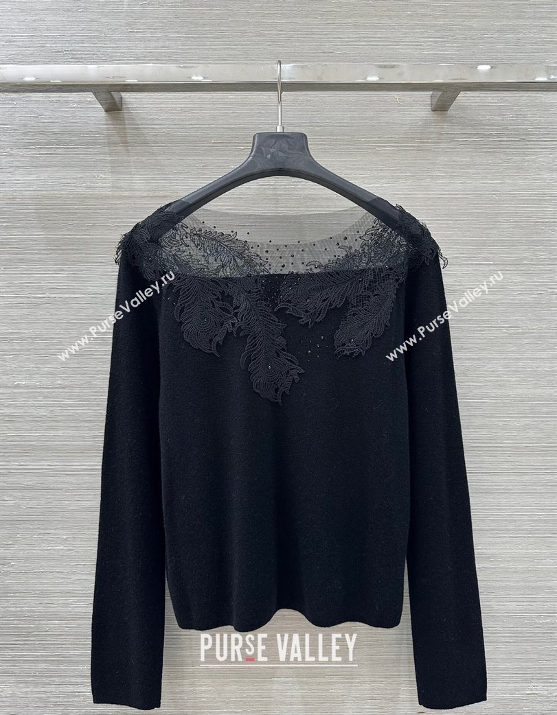 Ermanno Scervino Cashmere and Mesh Top with Strass and Embroidery Black 2025 1014 (QI-251014104)