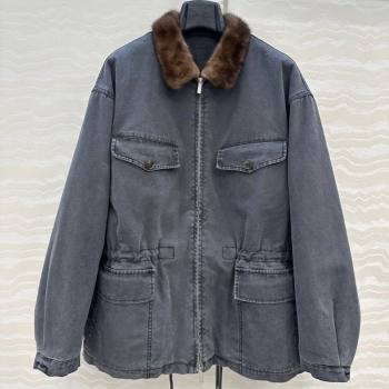 Prada Canvas and Mink Fur Jacket Blue 2025 1014 (QI-251014116)