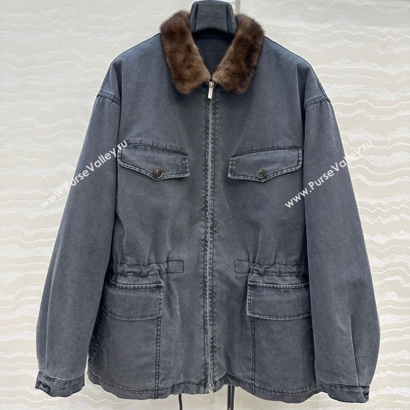 Prada Canvas and Mink Fur Jacket Blue 2025 1014 (QI-251014116)