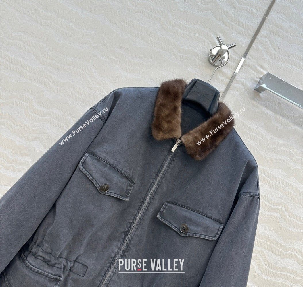 Prada Canvas and Mink Fur Jacket Blue 2025 1014 (QI-251014116)