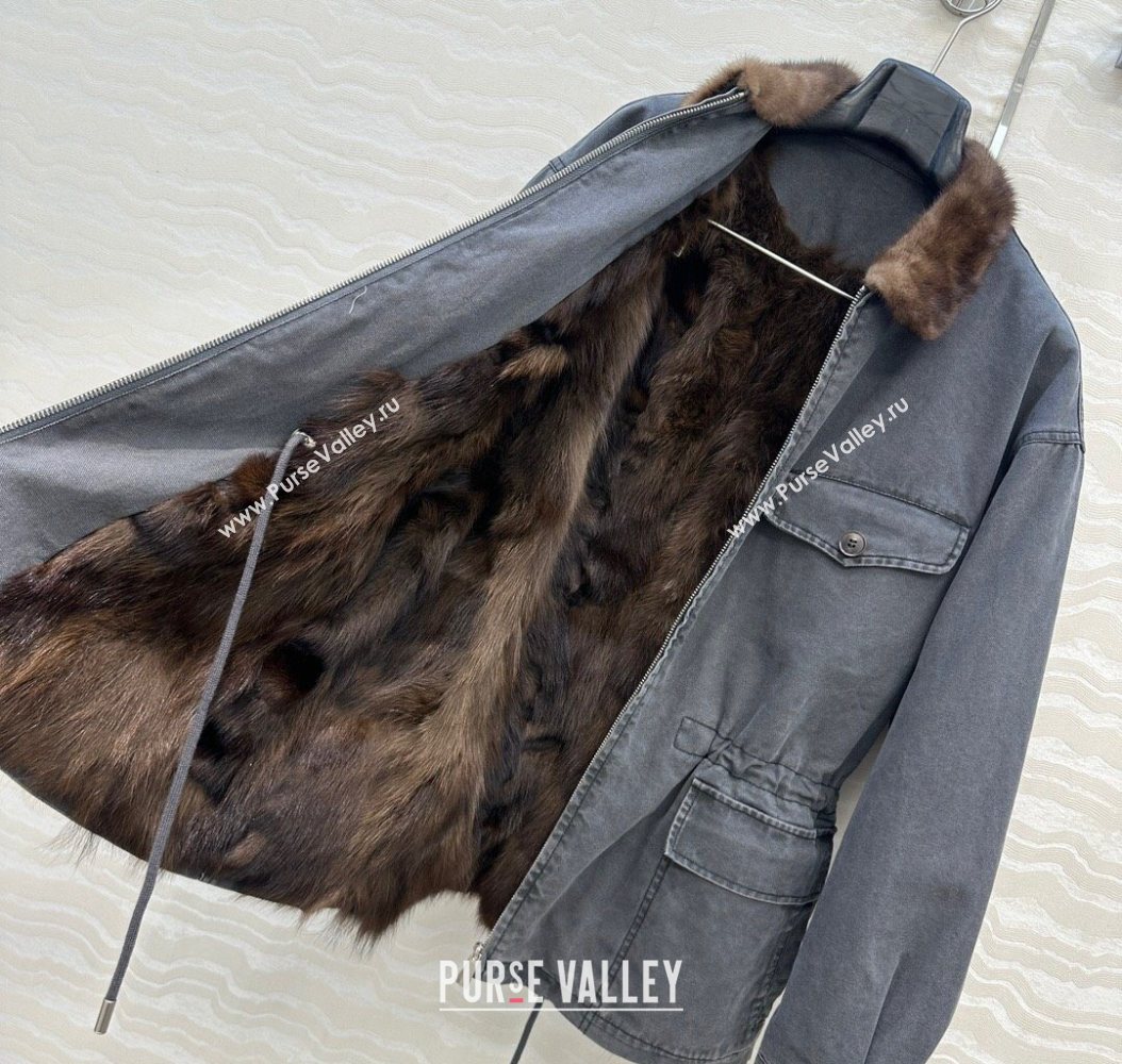 Prada Canvas and Mink Fur Jacket Blue 2025 1014 (QI-251014116)