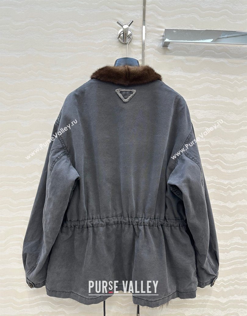 Prada Canvas and Mink Fur Jacket Blue 2025 1014 (QI-251014116)