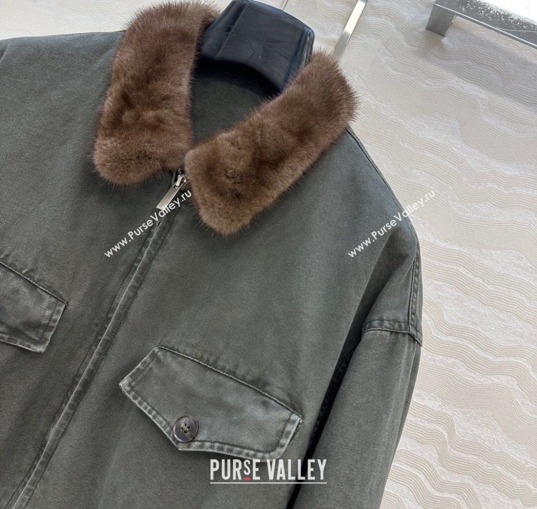 Prada Canvas and Mink Fur Jacket Green 2025 1014 (QI-251014117)