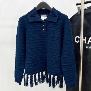 Chanel Wool Blend Polo Sweater with Tassel Blue 2025 1015 (QI-251015051)