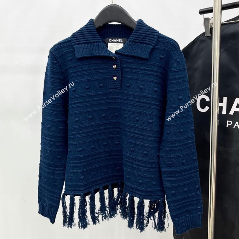 Chanel Wool Blend Polo Sweater with Tassel Blue 2025 1015 (QI-251015051)