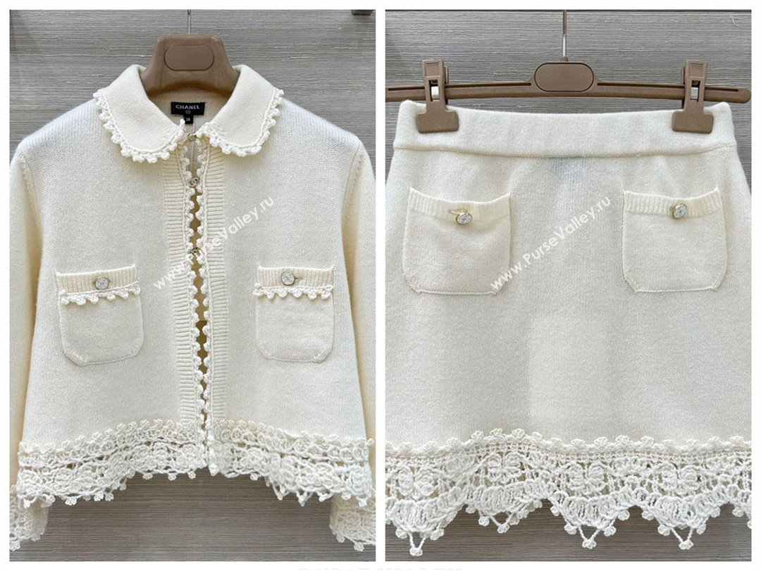 Chanel Knit and Crochet Cardigan and Skirt Set White 2025 CH110659 (QI-251106059)