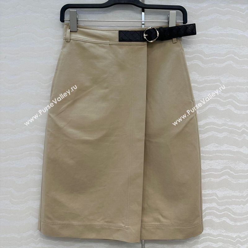 Bottega Veneta Cotton Skirt with Lambskin Leather Belt Khaki 2025 1106 (QI-251106092)