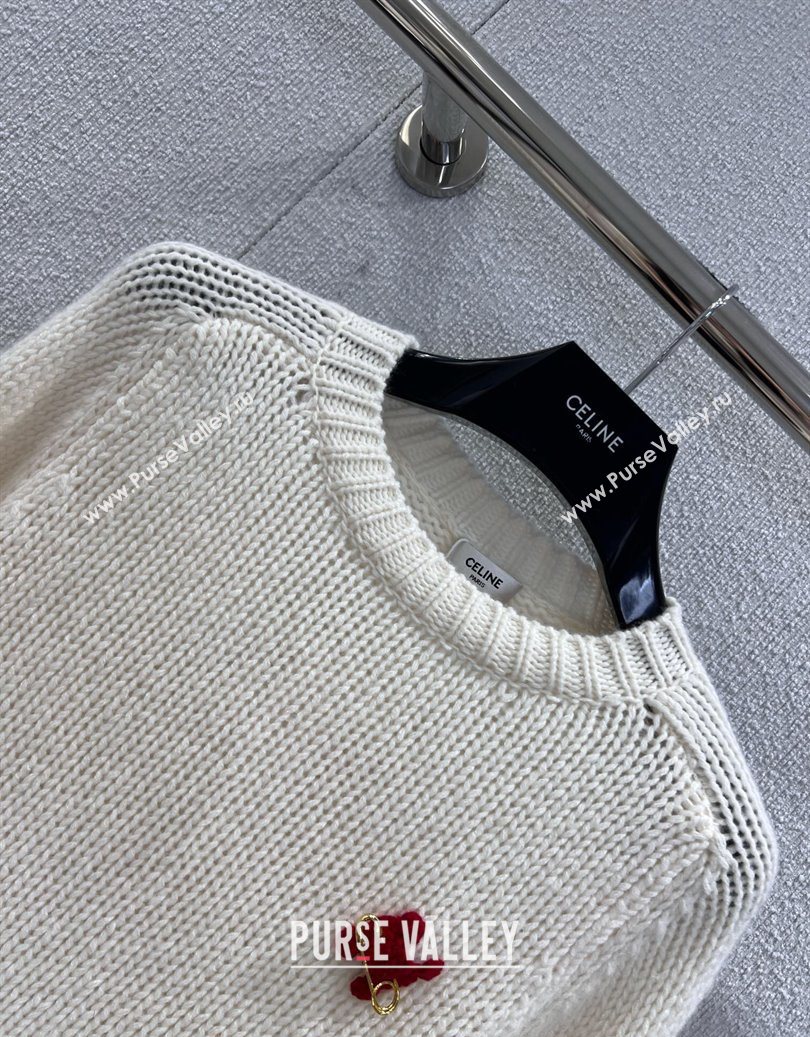 Celine Cashmere Sweater with Pin Logo White 2025 CE110507 (QI-251106107)