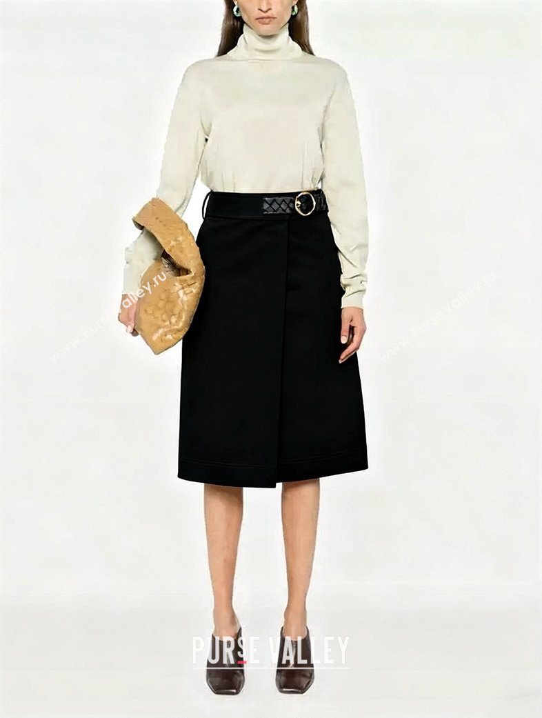 Bottega Veneta Cotton Skirt with Lambskin Leather Belt Black 2025 1106 (QI-251106093)