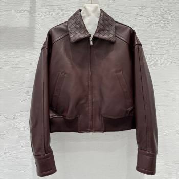 Bottega Veneta Lambskin Leather Jacket Burgundy 2025 BV120263 (QI-251202067)