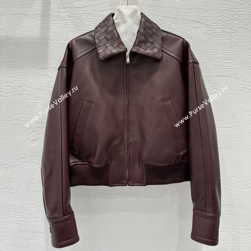Bottega Veneta Lambskin Leather Jacket Burgundy 2025 BV120263 (QI-251202067)