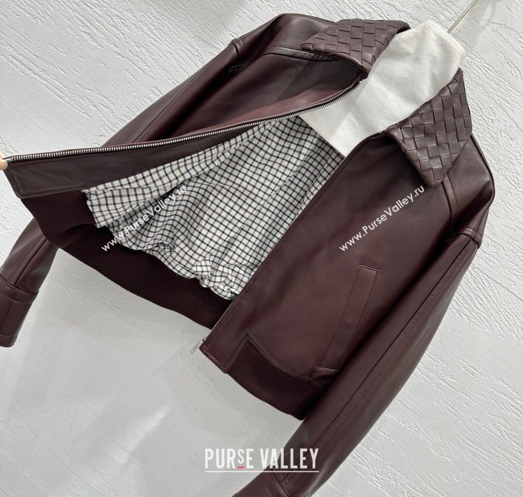 Bottega Veneta Lambskin Leather Jacket Burgundy 2025 BV120263 (QI-251202067)