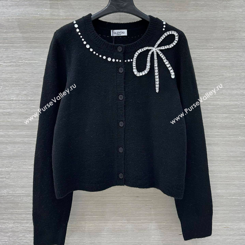 Valentino Wool Cashmere Cardigan with Strass Bow Black 2025 VL120201 (QI-251202060)