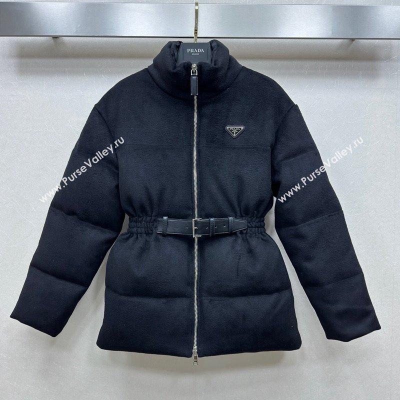 Prada Fur-Like Down Jacket Black with Buckle Black 2024 1108 (QI-241108029)