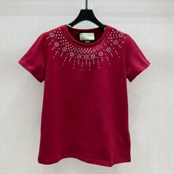 Gucci Cotton T-Shirt with Strass Red 2024 1203 (QI-241203043)