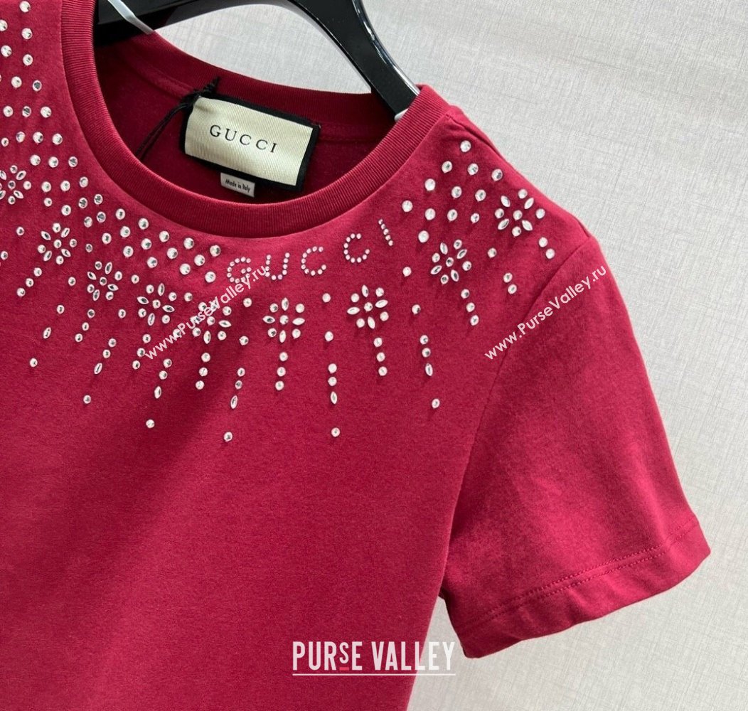 Gucci Cotton T-Shirt with Strass Red 2024 1203 (QI-241203043)