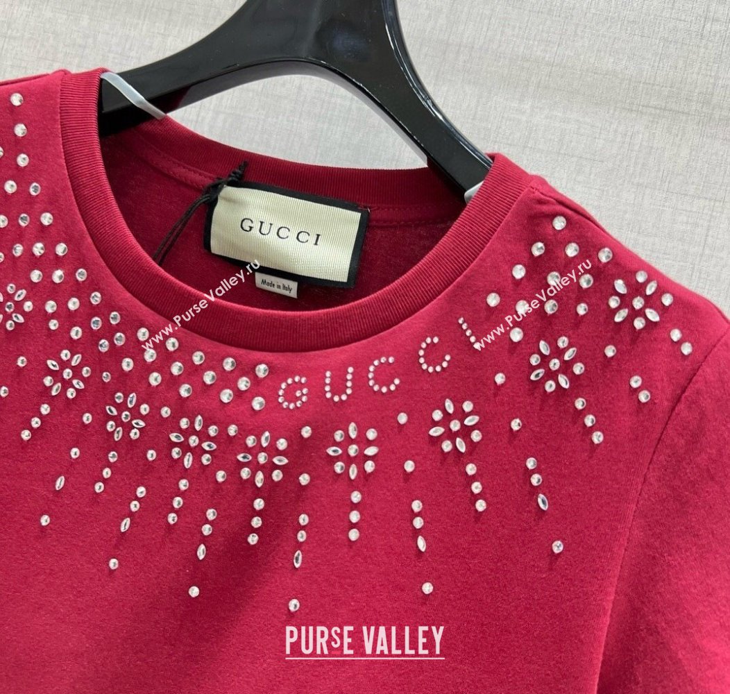 Gucci Cotton T-Shirt with Strass Red 2024 1203 (QI-241203043)