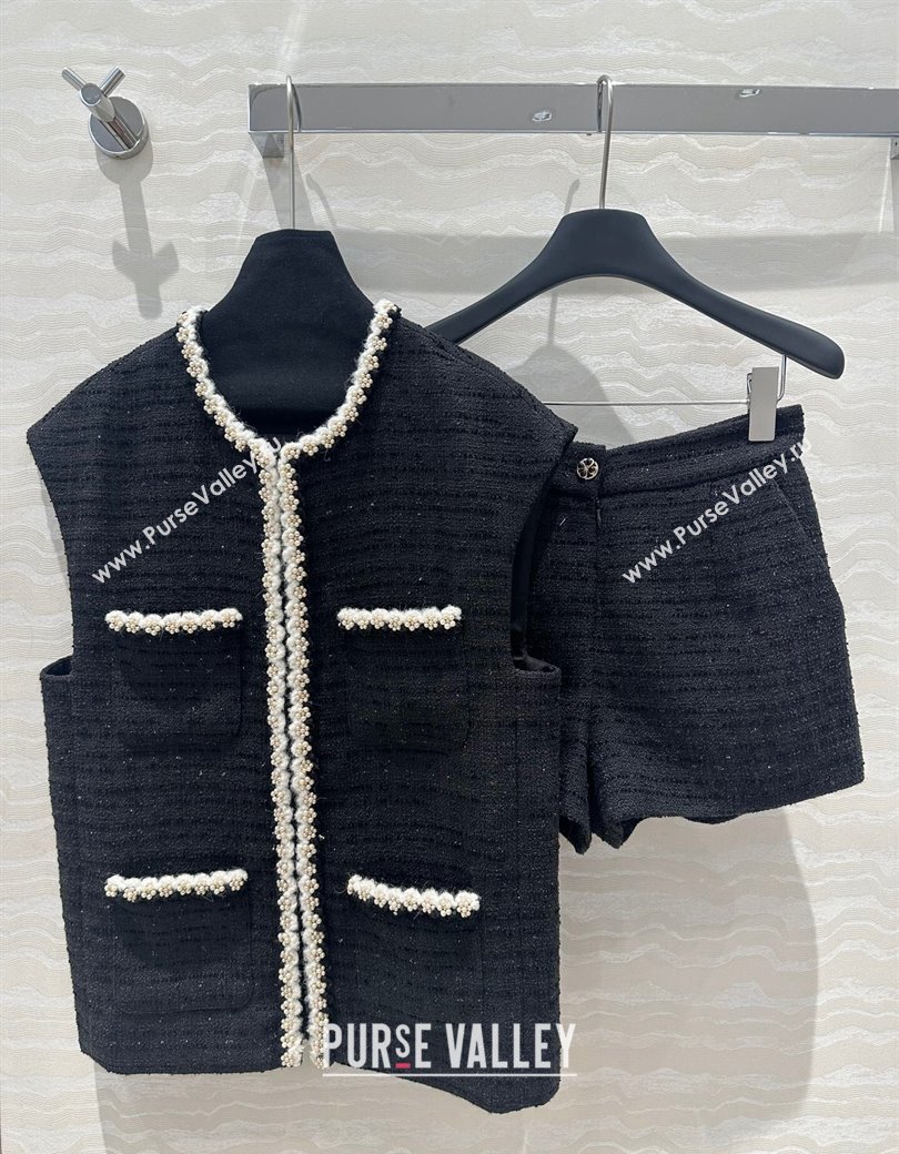 Chanel Tweed Vest and Shorts Set Black 2024 1203 (QI-241203073)