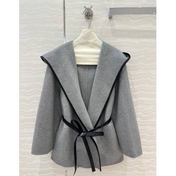 Bottega Veneta Wool Cashmere Short Coat with Leather Trim and Belt Grey 2025 (QI-250106017)