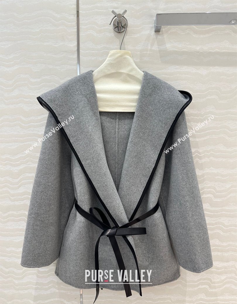 Bottega Veneta Wool Cashmere Short Coat with Leather Trim and Belt Grey 2025 (QI-250106017)