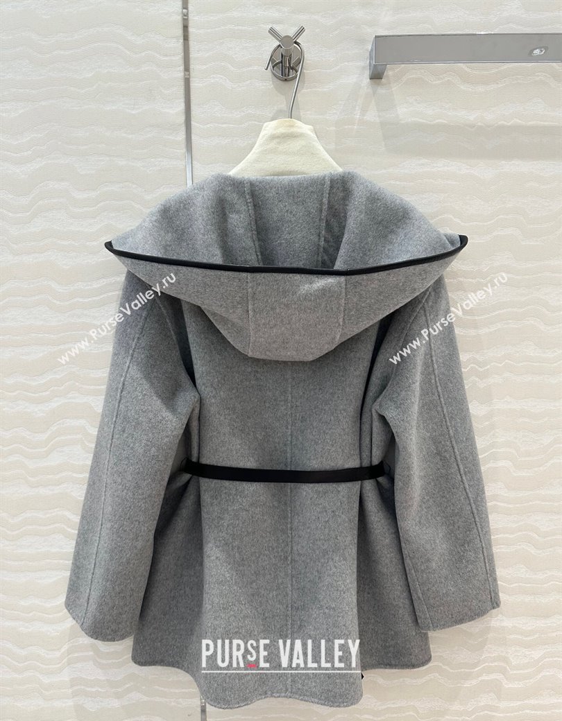 Bottega Veneta Wool Cashmere Short Coat with Leather Trim and Belt Grey 2025 (QI-250106017)