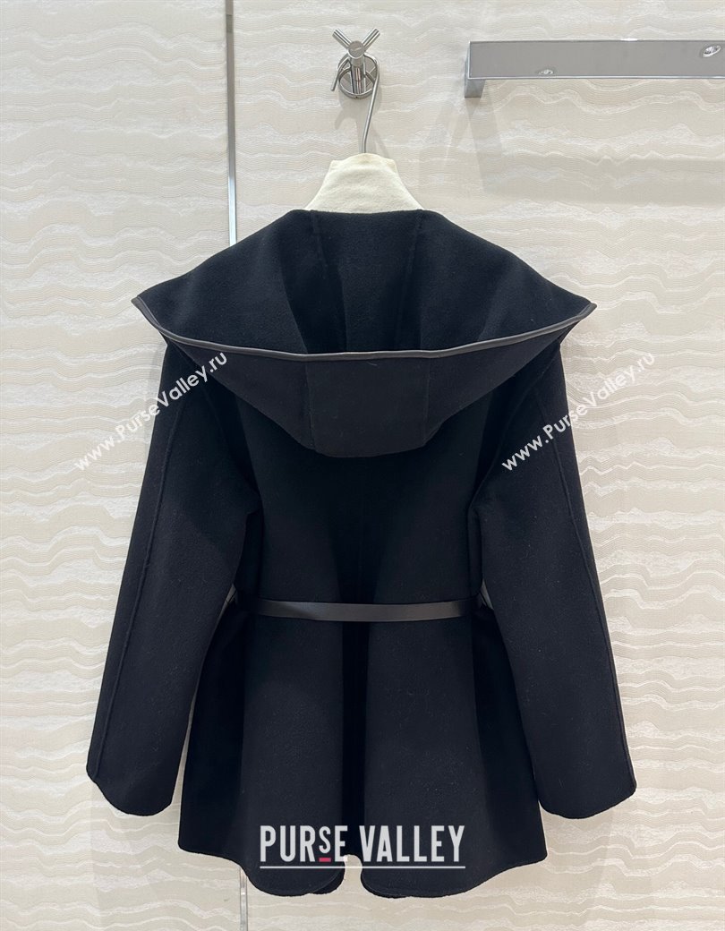 Bottega Veneta Wool Cashmere Short Coat with Leather Trim and Belt Black 2025 (QI-250106018)