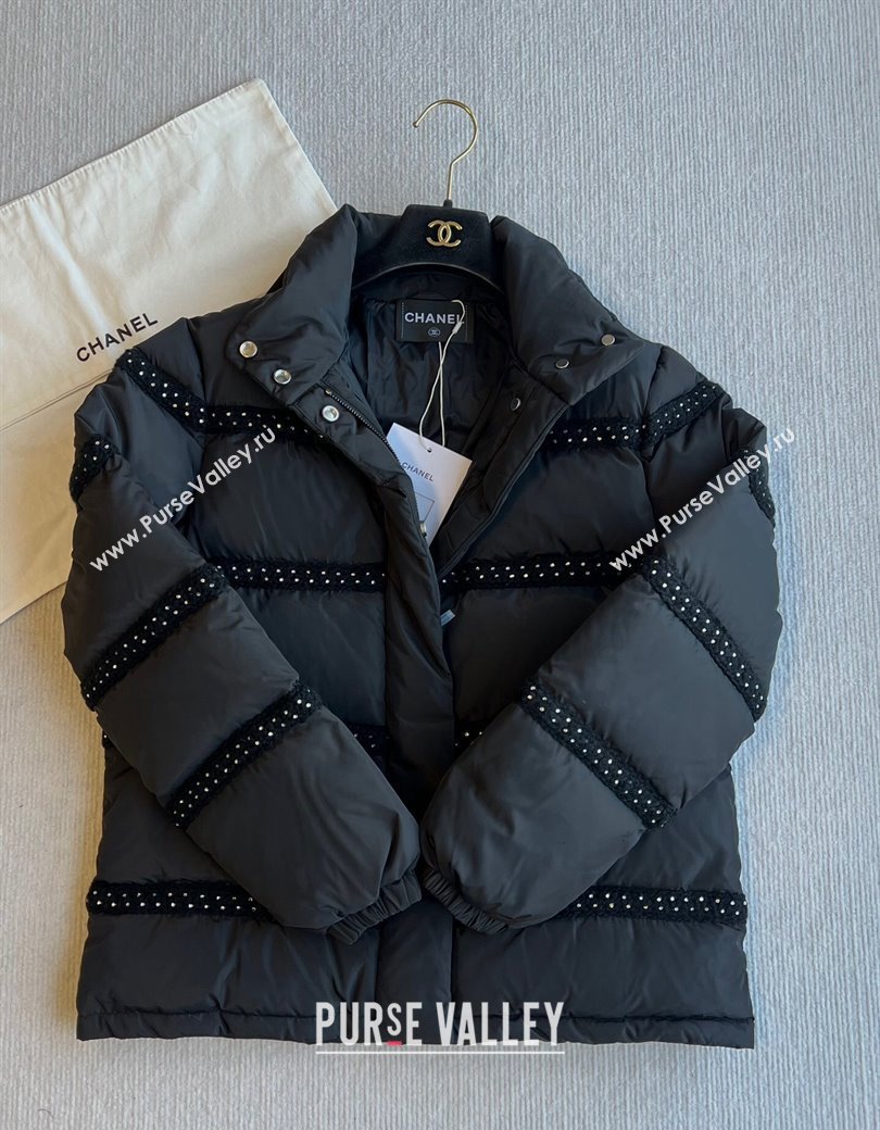 Chanel Coco Neige Down Jacket with Strass Crochet Black 2025 (QI-250106002)