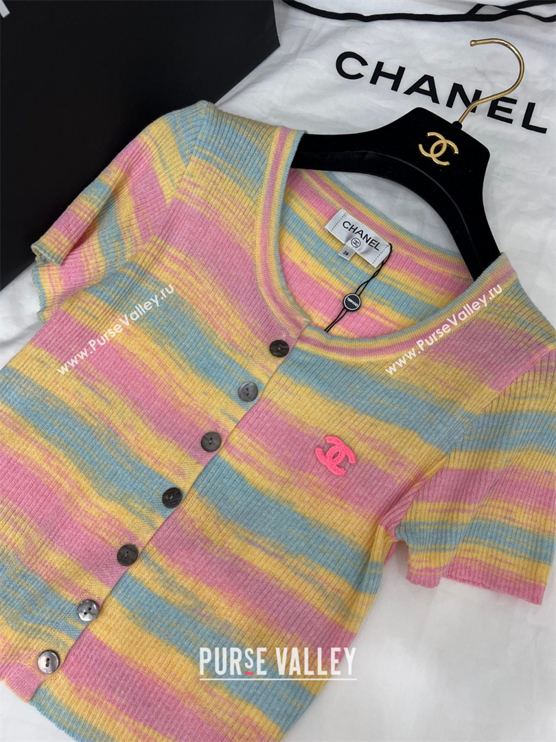Chanel Knit Striped Cardigan Pink/Yellow/Blue 2025 C030602 (QI-250306003)