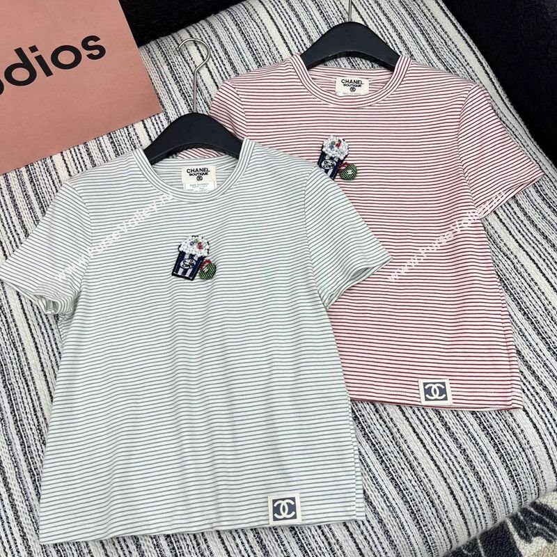 Chanel Cotton Striped T-Shirt with Popcorn Green/Red 2025 0306 (QI-250306018)