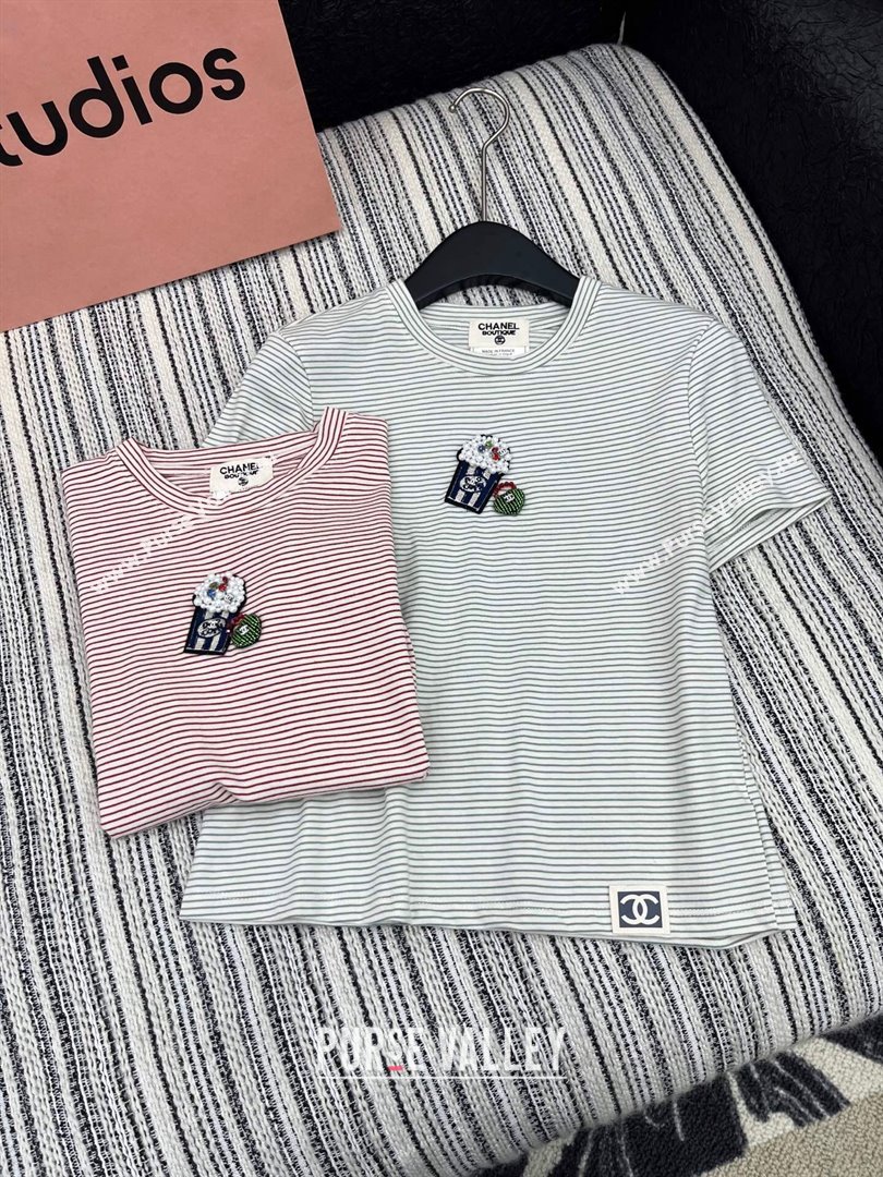 Chanel Cotton Striped T-Shirt with Popcorn Green/Red 2025 0306 (QI-250306018)