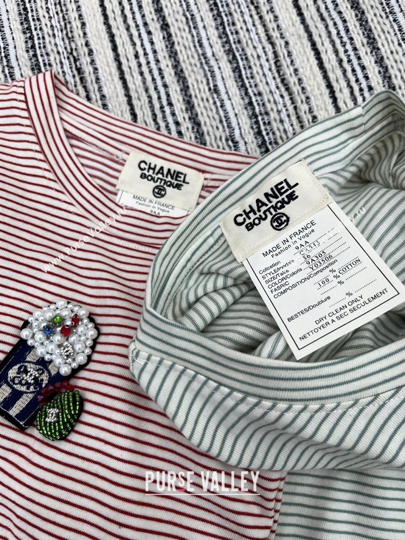 Chanel Cotton Striped T-Shirt with Popcorn Green/Red 2025 0306 (QI-250306018)
