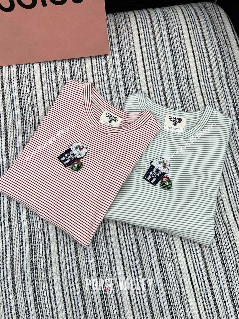 Chanel Cotton Striped T-Shirt with Popcorn Green/Red 2025 0306 (QI-250306018)