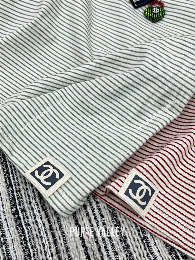 Chanel Cotton Striped T-Shirt with Popcorn Green/Red 2025 0306 (QI-250306018)