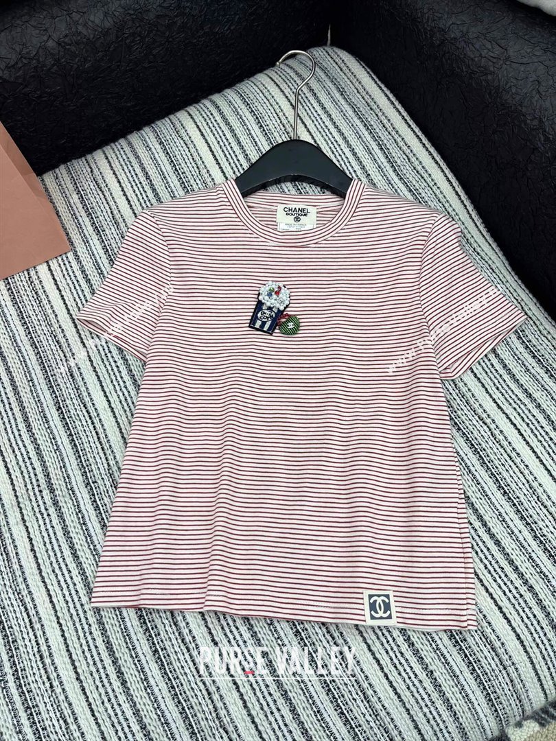 Chanel Cotton Striped T-Shirt with Popcorn Green/Red 2025 0306 (QI-250306018)