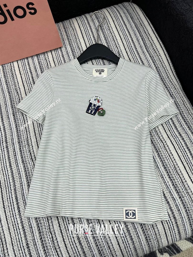 Chanel Cotton Striped T-Shirt with Popcorn Green/Red 2025 0306 (QI-250306018)