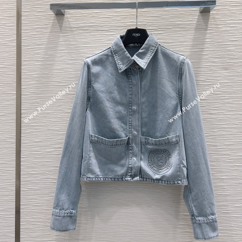 Fendi Cotton Washed Denim Pockets Jacket Blue 2025 C030606 (QI-250306013)