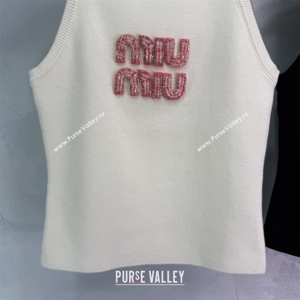 Miu Miu Cotton Vest with Pink Beads Logo White/Black 2025 0116 (QI-250306073)