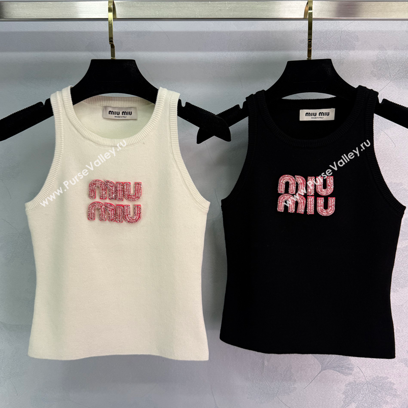 Miu Miu Cotton Vest with Pink Beads Logo White/Black 2025 0116 (QI-250306073)