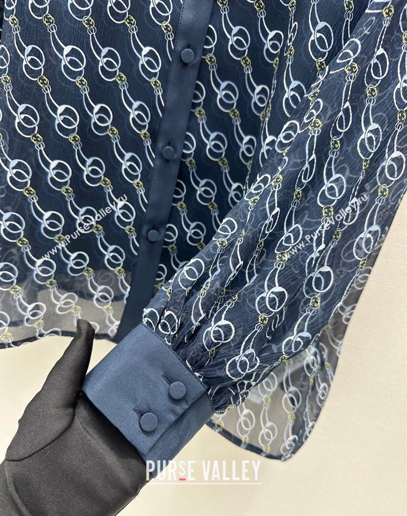 Gucci Chain Printed Silk Shirt Dark Blue 2025 0411 (QI-250411016)