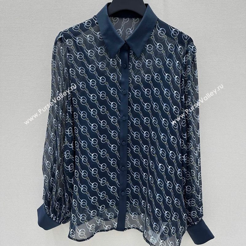 Gucci Chain Printed Silk Shirt Dark Blue 2025 0411 (QI-250411016)