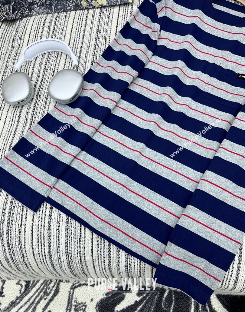 Miu Miu Striped Long Sleeve T-Shirt Blue/Grey 2025042905 (QI-250429066)